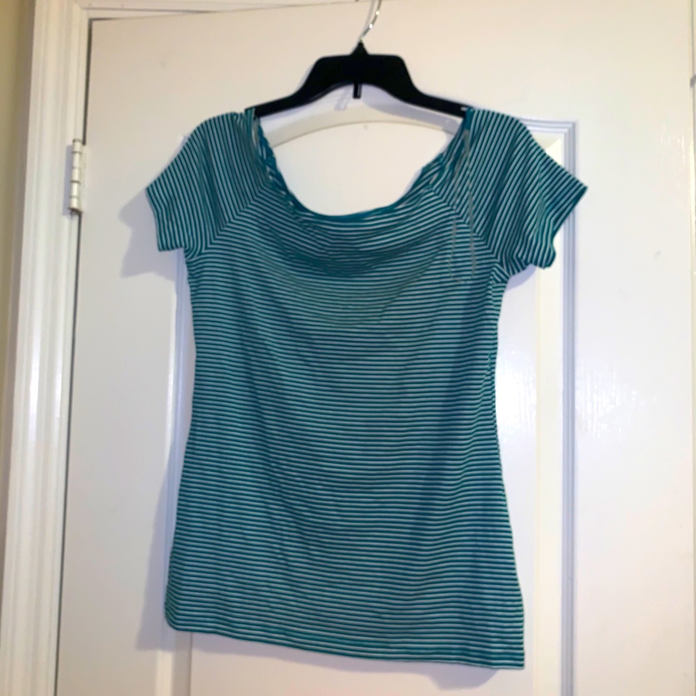 green and white striped blouse